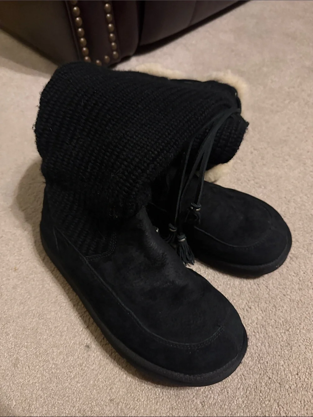 UGG Suburb Crochet Knit Leather Boots Black Size 10
